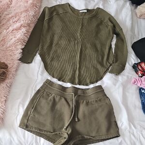 TNA Olive Green Ribbed Top and Drawstring Shorts Set